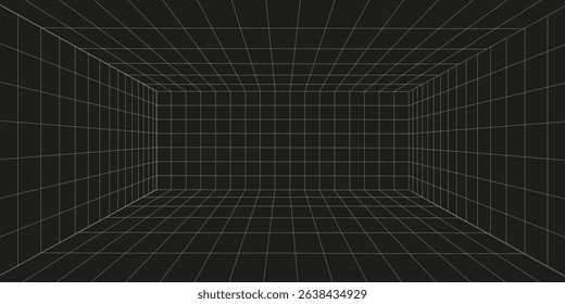 Futuristic perspective grid box. Abstract wireframe with white grid line on black background. Virtual reality landscape in 80s 90s digital style. Vector