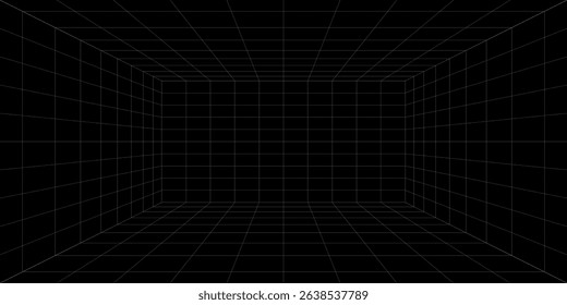 Futuristic perspective grid box. Abstract wireframe with white grid line on black background. Virtual reality landscape in 80s 90s digital style. Vector illustration.