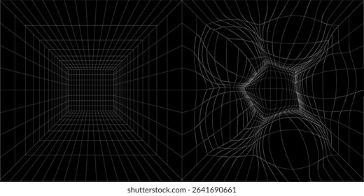 Futuristic perspective grid box. Abstract wireframe with white grid line on black background. Virtual reality landscape in 80s 90s digital style. Vector