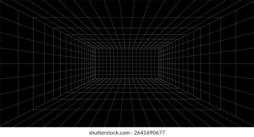 Futuristic perspective grid box. Abstract wireframe with white grid line on black background. Virtual reality landscape in 80s 90s digital style. Vector
