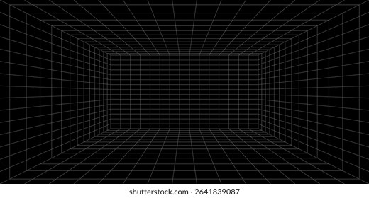Futuristic perspective grid box. Abstract wireframe with white grid line on black background. Virtual reality landscape in 80s 90s digital style. Vector illustration.