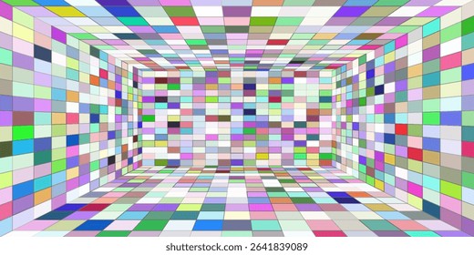 Futuristic perspective grid box. Abstract wireframe with white grid line on black background. Virtual reality landscape in 80s 90s digital style. Vector illustration.