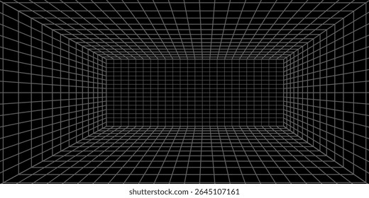 Futuristic perspective grid box. Abstract wireframe with white grid line on black background. Virtual reality landscape in 80s 90s digital style.