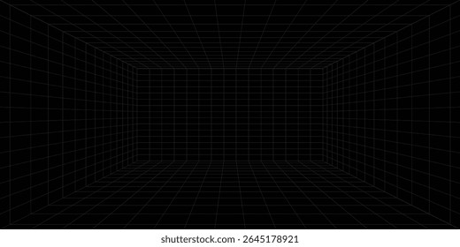 Futuristic perspective grid box. Abstract wireframe with white grid line on black background. Virtual reality landscape in 80s 90s digital style. Vector illustration.