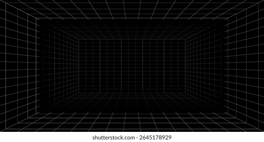 Futuristic perspective grid box. Abstract wireframe with white grid line on black background. Virtual reality landscape in 80s 90s digital style. Vector illustration.