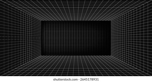 Caixa de grade de perspectiva futurista. Wireframe abstrato com linha de grade branca no plano de fundo preto. Paisagem de realidade virtual em estilo digital dos anos 80 e 90. Ilustração vetorial.