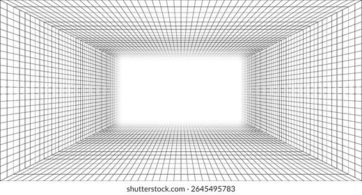Futuristic perspective grid box. Abstract wireframe with white grid line on black background. Virtual reality landscape in 80s 90s digital style. Vector