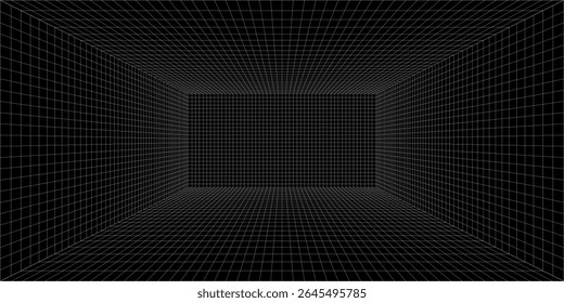 Futuristic perspective grid box. Abstract wireframe with white grid line on black background. Virtual reality landscape in 80s 90s digital style. Vector