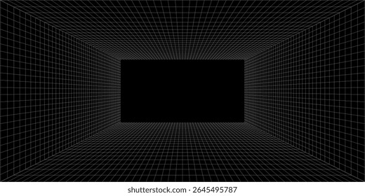 Futuristic perspective grid box. Abstract wireframe with white grid line on black background. Virtual reality landscape in 80s 90s digital style. Vector