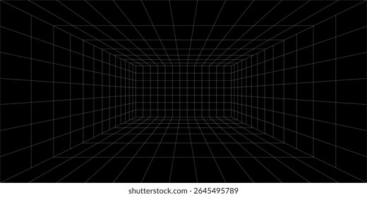 Futuristic perspective grid box. Abstract wireframe with white grid line on black background. Virtual reality landscape in 80s 90s digital style. Vector