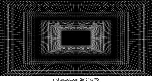 Futuristic perspective grid box. Abstract wireframe with white grid line on black background. Virtual reality landscape in 80s 90s digital style. Vector