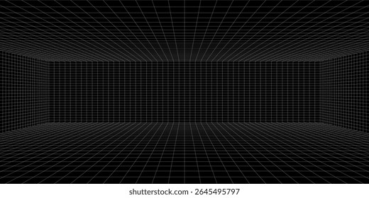 Futuristic perspective grid box. Abstract wireframe with white grid line on black background. Virtual reality landscape in 80s 90s digital style. Vector