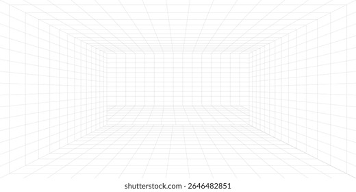 Caja de cuadrícula de perspectiva futurista. Estructura de alambre Abstractas con línea de rejilla blanca sobre fondo negro. Paisaje de realidad virtual en estilo digital de los años 80 y 90. Vector