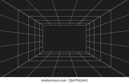 Caixa de grade de perspectiva futurista. Wireframe abstrato com linha de grade branca no plano de fundo preto. Paisagem de realidade virtual em estilo digital dos anos 80 e 90. Ilustração vetorial.