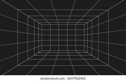 Futuristic perspective grid box. Abstract wireframe with white grid line on black background. Virtual reality landscape in 80s 90s digital style. Vector illustration.