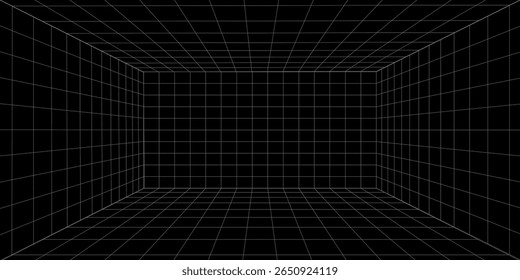 Futuristische Perspektive Gitterbox. Abstraktes Drahtmodell mit weißer Gitterlinie auf schwarzem Hintergrund. Vektorillustrator eps10.