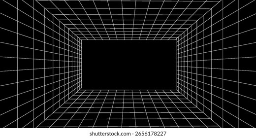 Futuristische Perspektive Gitterbox. Abstraktes Drahtmodell mit weißer Gitterlinie auf schwarzem Hintergrund.