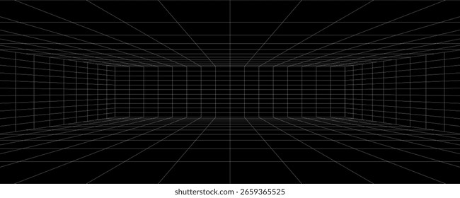 Futuristic perspective grid box. Abstract wireframe with white grid line on black background. Virtual reality landscape in 80s 90s digital style. Vector illustration.