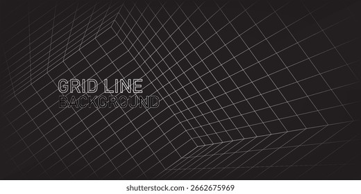 Futuristic perspective grid box. Abstract wireframe with white grid line on black background. Virtual reality landscape in 80s 90s digital style