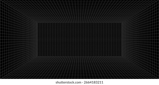 Futuristic perspective grid box. Abstract wireframe with white grid line on black background. Virtual reality landscape in 80s 90s digital style. Vector