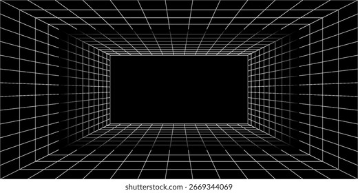 Caja de cuadrícula de perspectiva futurista. Estructura de alambre Abstractas con línea de rejilla blanca sobre fondo negro. Paisaje de realidad virtual en estilo digital de los años 80 y 90.