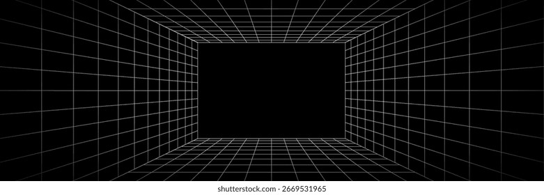 Caixa de grade de perspectiva futurista. Wireframe abstrato com linha de grade branca no plano de fundo preto. Paisagem de realidade virtual em estilo digital dos anos 80 e 90. Vetor