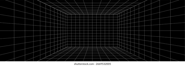 Futuristic perspective grid box. Abstract wireframe with white grid line on black background. Virtual reality landscape in 80s 90s digital style. Vector