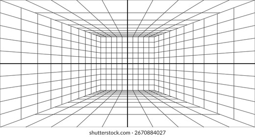 Futuristic perspective grid box. Abstract wireframe with black grid lines on a white background. Virtual reality landscape in the digital style of the 80s and 90s. Vector.