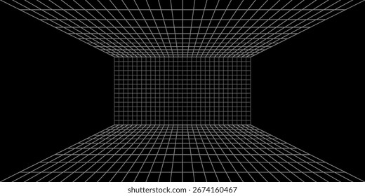 Caja de cuadrícula de perspectiva futurista. Estructura de alambre Abstractas con línea de rejilla blanca sobre fondo negro. Paisaje de realidad virtual en estilo digital de los años 80 y 90. Vector