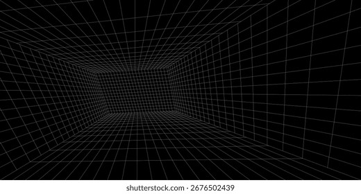 Futuristic perspective grid box. Abstract wireframe with white grid line on black background. Virtual reality landscape in 80s 90s digital style. Vector