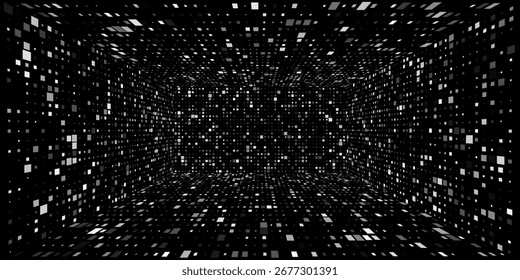 Caja de cuadrícula de perspectiva futurista. Estructura de alambre Abstractas con línea de rejilla blanca sobre fondo negro. Paisaje de realidad virtual en estilo digital de los años 80 y 90. Vector