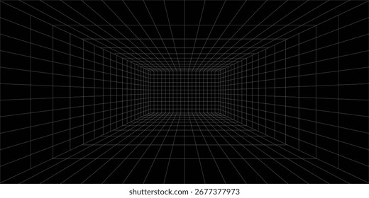 Caja de cuadrícula de perspectiva futurista. Estructura de alambre Abstractas con línea de rejilla blanca sobre fondo negro. Paisaje de realidad virtual en estilo digital de los años 80 y 90. Vector