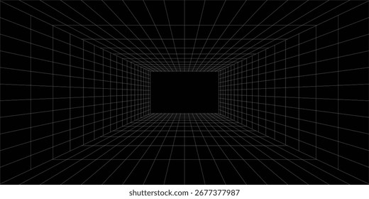 Caja de cuadrícula de perspectiva futurista. Estructura de alambre Abstractas con línea de rejilla blanca sobre fondo negro. Paisaje de realidad virtual en estilo digital de los años 80 y 90. Vector