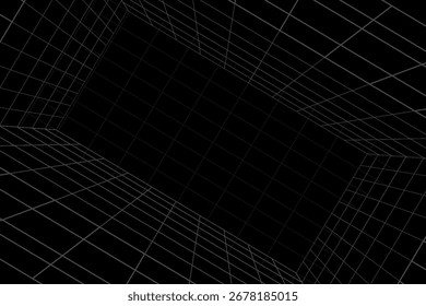 Futuristic perspective grid box. Abstract wireframe with white grid line on black background. Virtual reality landscape in 80s 90s digital style. Vector