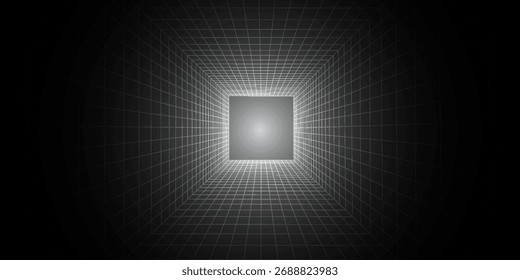 Futuristic perspective grid box. Abstract wireframe with white grid line on black background. Virtual reality landscape in 80s 90s digital style. Vector illustration.

