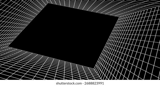 Caixa de grade de perspectiva futurista. Wireframe abstrato com linha de grade branca no plano de fundo preto. Paisagem de realidade virtual em estilo digital dos anos 80 e 90. Ilustração vetorial.

