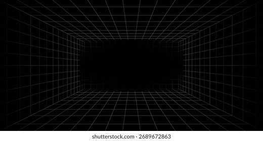 Caixa de grade de perspectiva futurista. Wireframe abstrato com linha de grade branca no plano de fundo preto. Paisagem de realidade virtual em estilo digital dos anos 80 e 90. Vetor