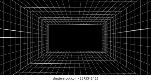 Futuristic perspective grid box. Abstract wireframe with white grid line on black background. Virtual reality landscape in 80s 90s digital style. Vector