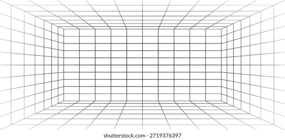 Futuristic perspective grid box. Abstract wireframe with black grid line on white background. Virtual reality landscape in 80s 90s digital style. Vector illustration.