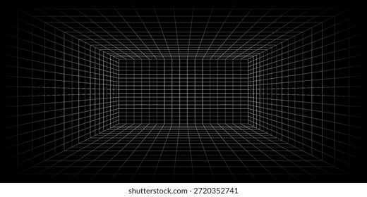 Futuristische Perspektive Gitterbox. Abstraktes Drahtmodell mit weißer Gitterlinie auf schwarzem Hintergrund. Virtuelle Realität Landschaft in 80s 90s digitalen Stil. Vektorgrafik
