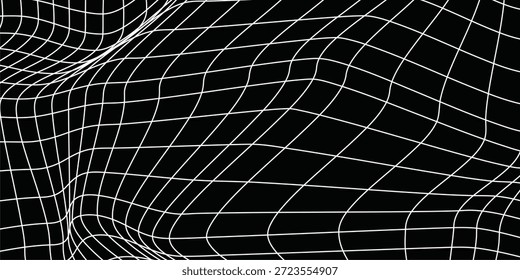 Futuristic perspective grid box. Abstract wireframe with white grid line on black background. 