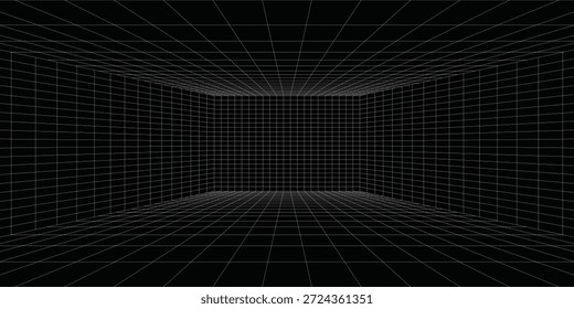 Caixa de grade de perspectiva futurista. Wireframe abstrato com linha de grade branca no plano de fundo preto. Paisagem de realidade virtual em estilo digital dos anos 80 e 90. Vetor