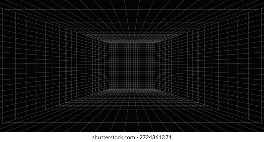 Caja de cuadrícula de perspectiva futurista. Estructura de alambre Abstractas con línea de rejilla blanca sobre fondo negro. Paisaje de realidad virtual en estilo digital de los años 80 y 90. Vector