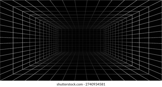 Futuristic perspective grid box. Abstract wireframe with white grid line on black background. 
