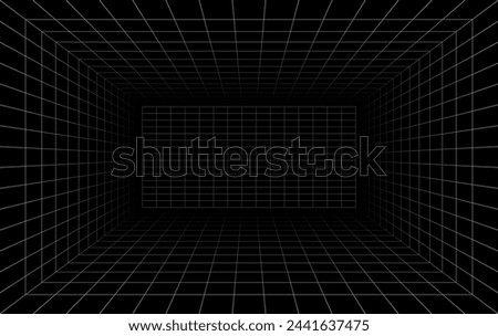 Futuristic perspective grid box. Abstract wireframe with white grid line on black background. Virtual reality landscape in 80s 90s digital style. Vector illustration.
