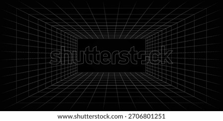 Futuristic perspective grid box. Abstract wireframe with white grid line on black background. Virtual reality landscape in 80s 90s digital style. Vector
