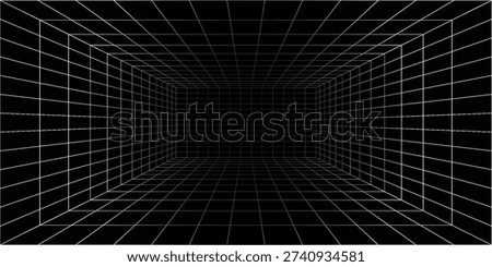 Futuristic perspective grid box. Abstract wireframe with white grid line on black background. 