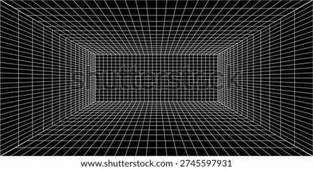 Futuristic perspective grid box. Abstract wireframe with white grid line on black background. Virtual reality landscape in 80s 90s digital style. Vector eps10,