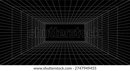 Futuristic perspective grid box. Abstract wireframe with white grid line on black background. Virtual reality landscape in 80s 90s digital style. Vector