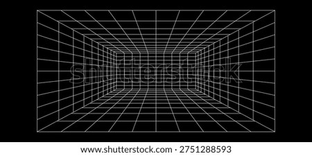 Futuristic perspective grid box. Abstract wireframe with white grid line on black background. Virtual reality landscape in 80s 90s digital style. Vector